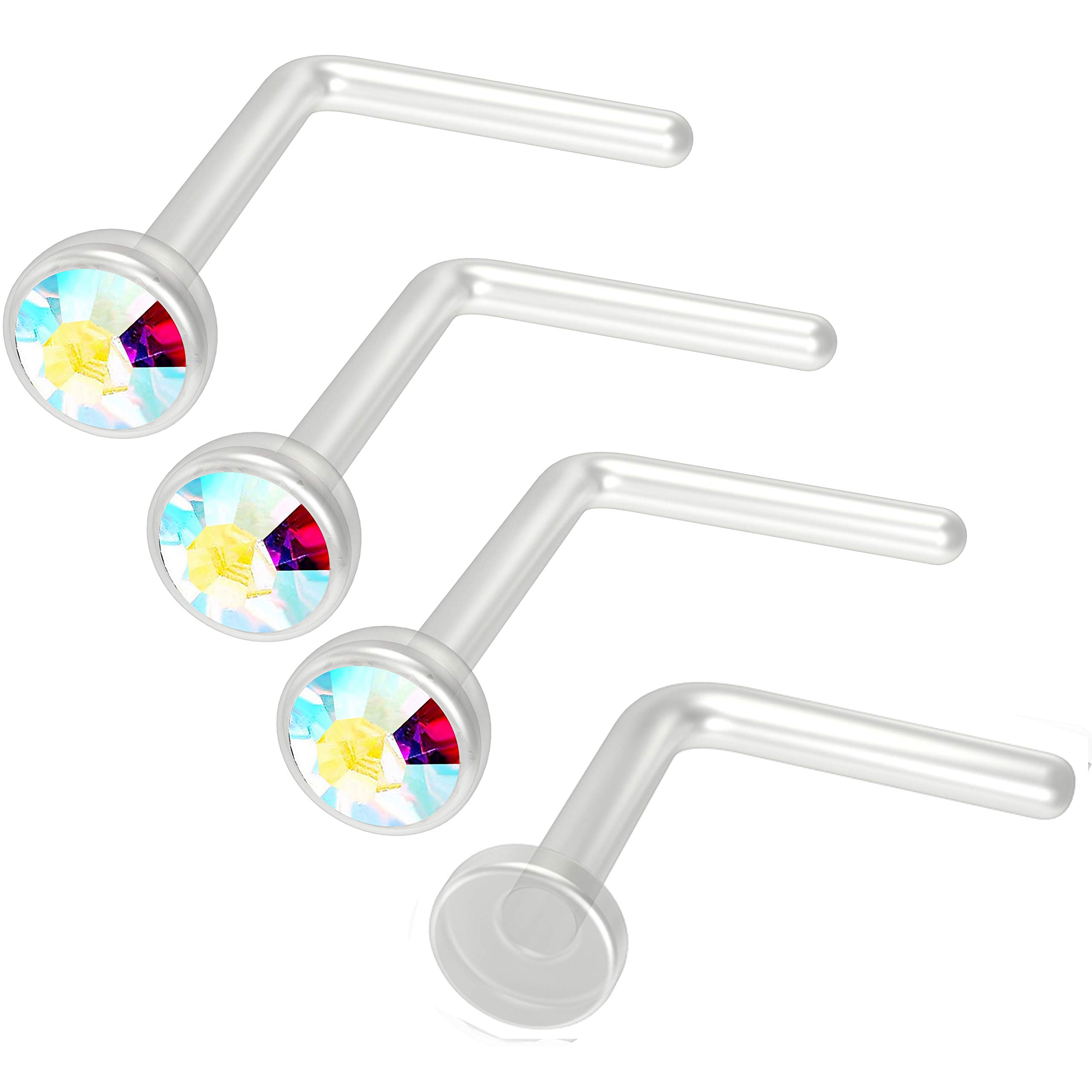 Evonix 4pc 0.8mm 20g 0.8mm Nose Ring Bars L-Shaped Nose Ring Bar AB Bioflex Clear Cute Flexible Bend Shape Studs Nostril Piercing 2.5mm Retainer Keeper