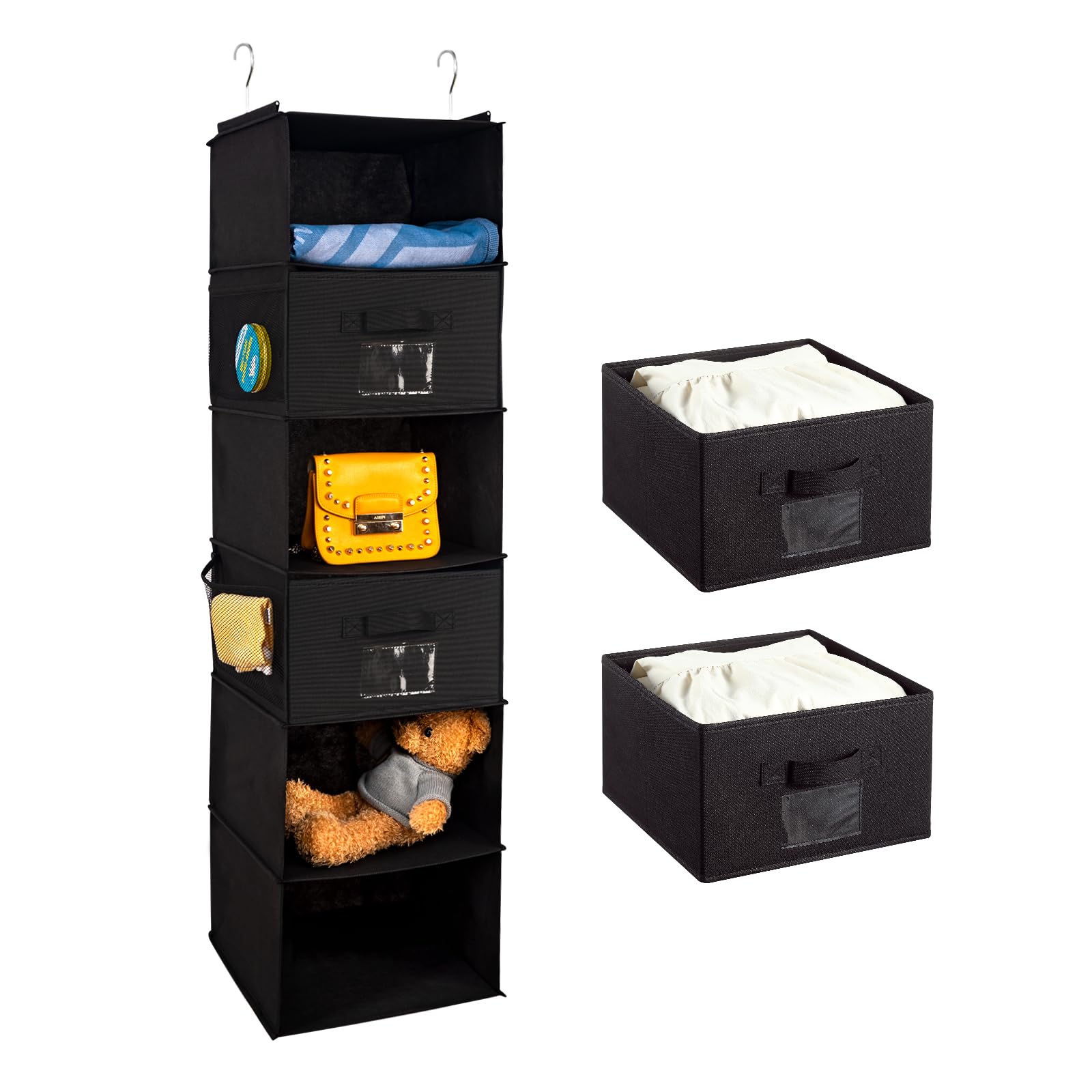 BrilliantJo Hanging Wardrobe Organiser 6 Shelves with 2 Removable Drawers Closet Storage, hanging Shelves Unit with 4 Pockets for Clothes - Black(12x 12 x 43.3 inch)