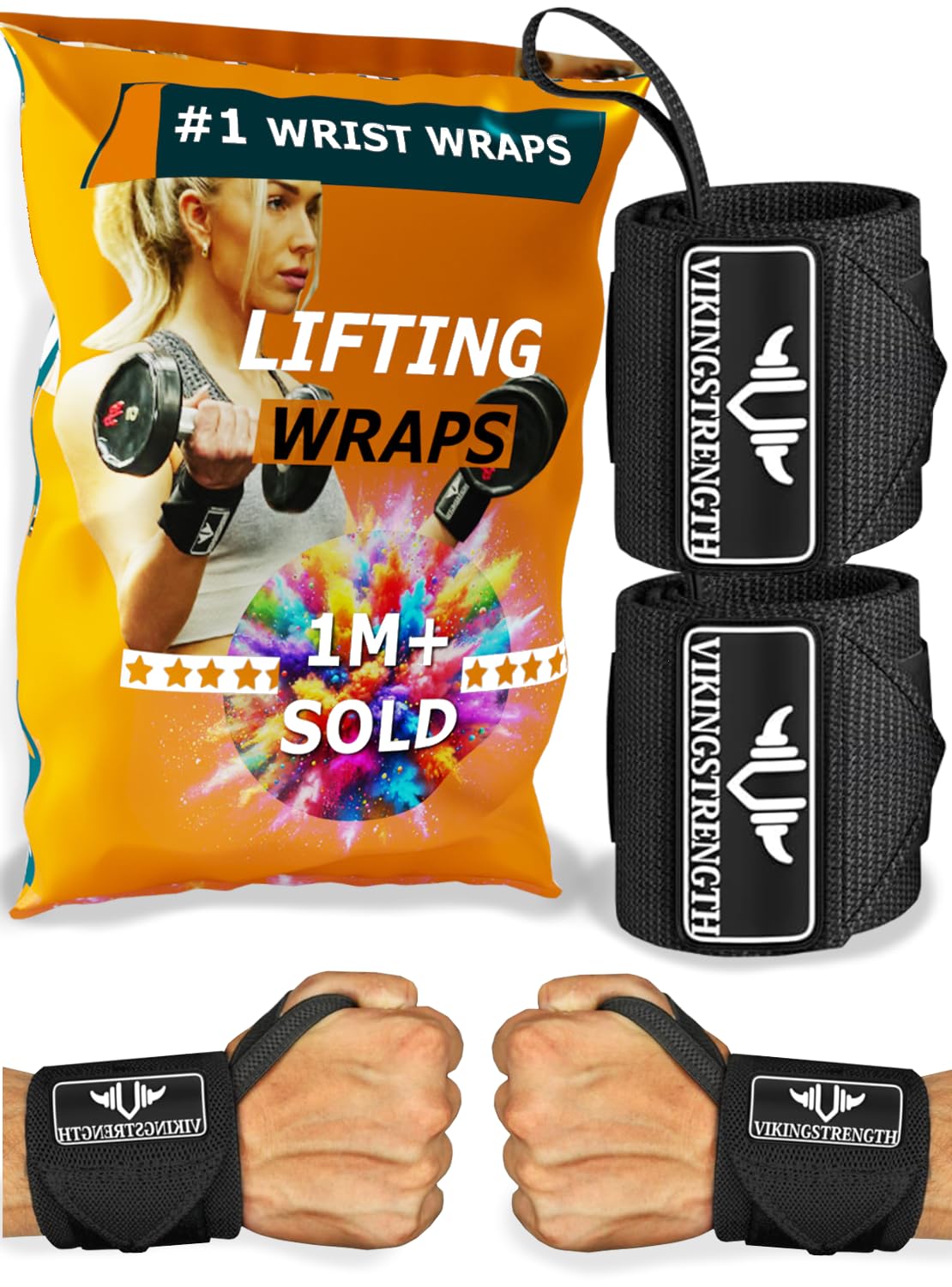 Vikingstrength Wrist Brace Support for Weight lifting, Crossfit, Bodybuilding and Fitness. Premium Quality Wrist Wraps for Pain relief and Recovery. Wrist Strap + V-Strength Workout App