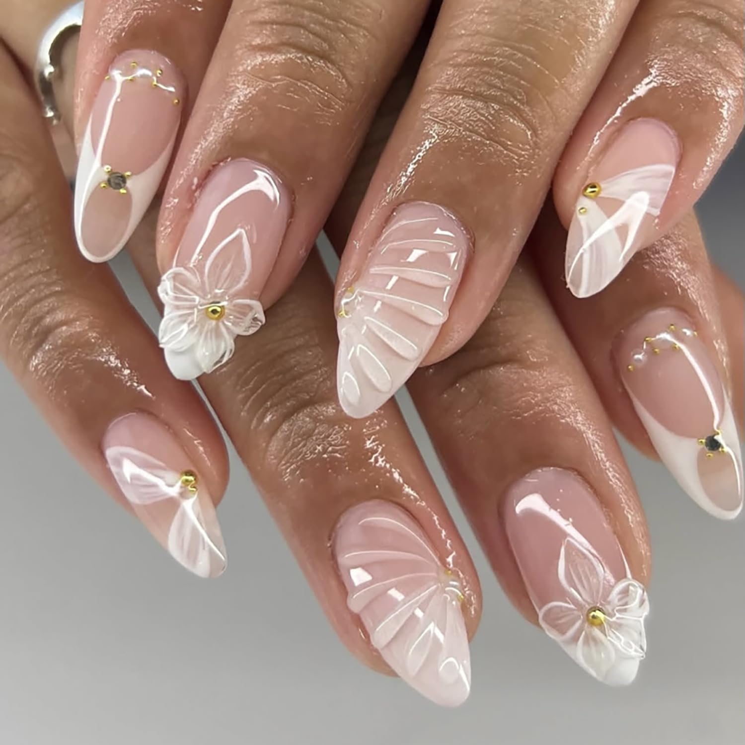 Photo 1 of 24Pcs White French Tip Press on Nails Medium Almond Fake Nails with Seashell Designs 3D Flower Acrylic Nails Gold Rhinestones Stick on Nails Summer False Nails Cute Ribbon Glue on Nails for Women