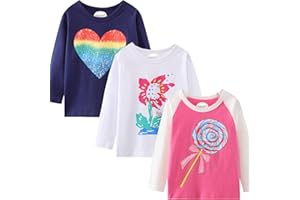 HILEELANG Girl Long Sleeve Shirts Christams Tops Tees Cotton Casual Stripe Crewneck Graphic Jersey Tunic T-Shirts 3 Packs Sets