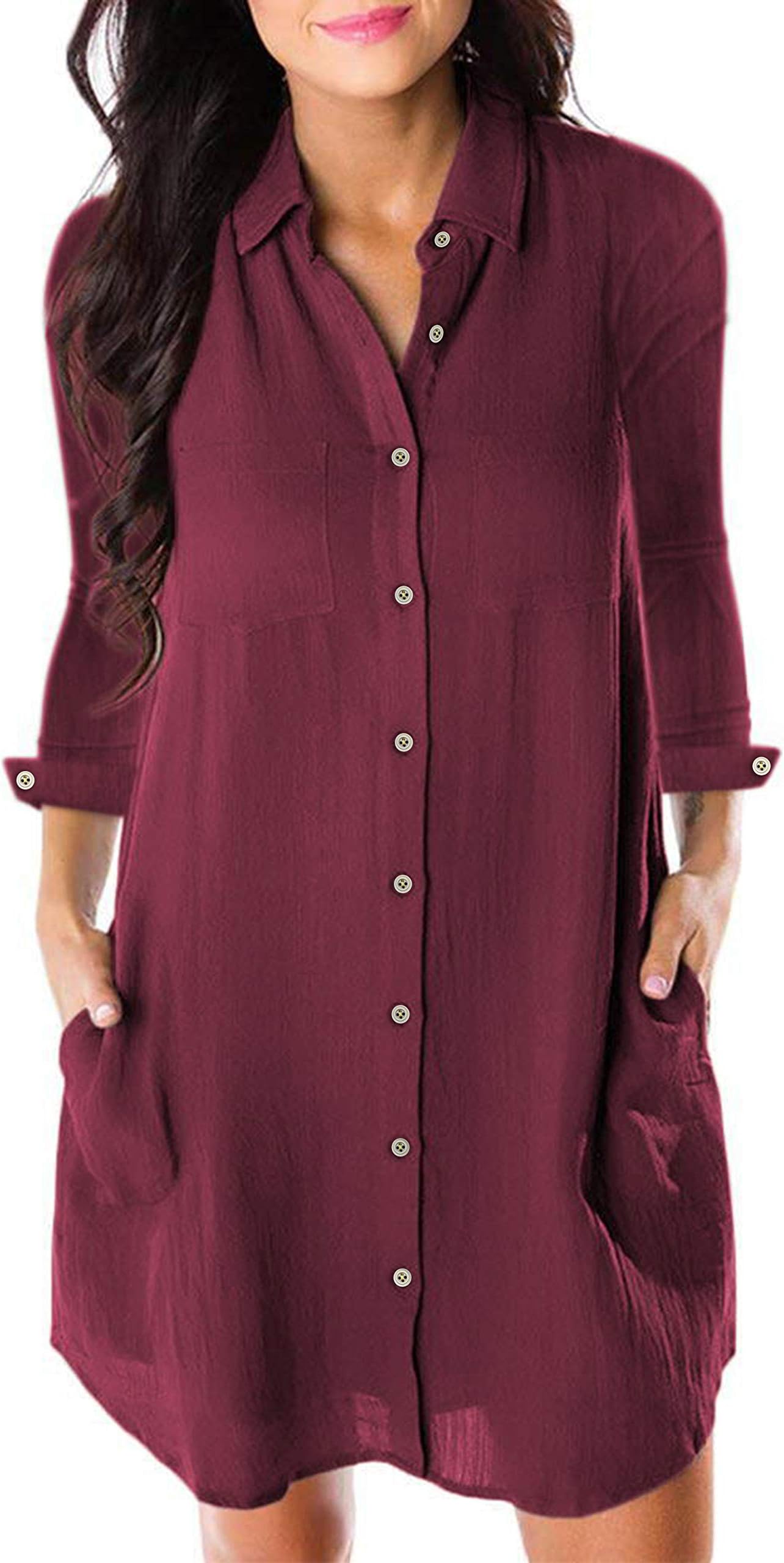 Honwenle Women V Neck Turn Down Collar Long Sleeve Button Down Pocket Casual Shirt Midi Dress Crimson