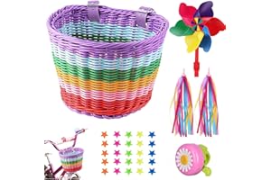 QOOWFEANIG Kids Bike Basket, Woven Bicycle Basket with Stickers Colored Tassels Wicker Front Handlebar Bike Basket Handlebar 