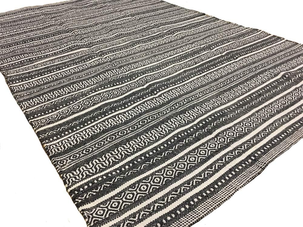 Second Nature Online Sutra Medium Rug Hand Loomed Dark Grey and White Cotton Kilim with Geometric Stripes