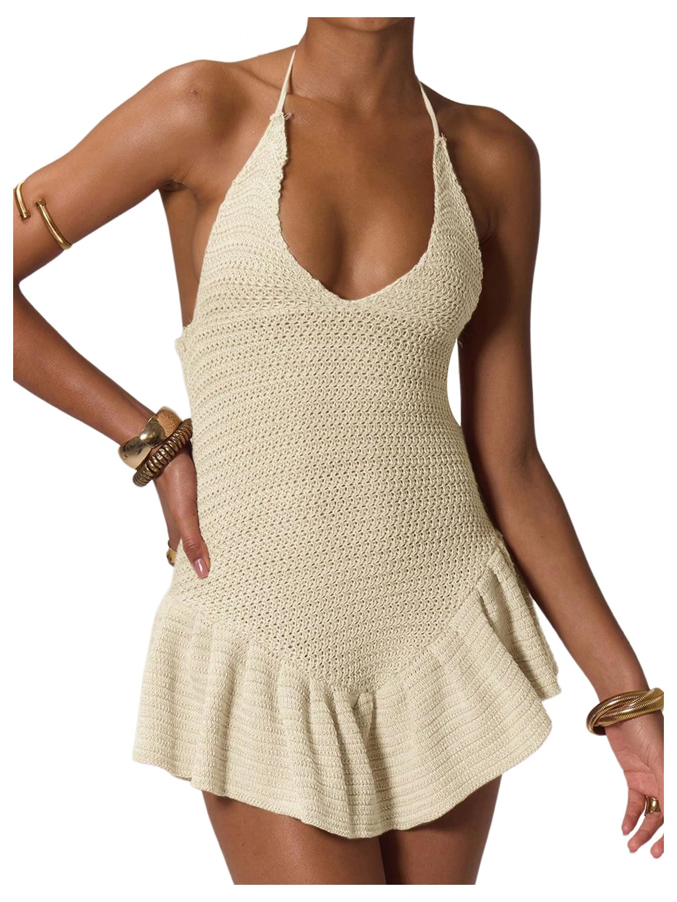Photo 1 of (SMALL) (USED/FAIR) MakeMeChic Women's Crochet Halter Dress Tie Backless Ruffle Hem Y2k Mini Dresses Cream Small