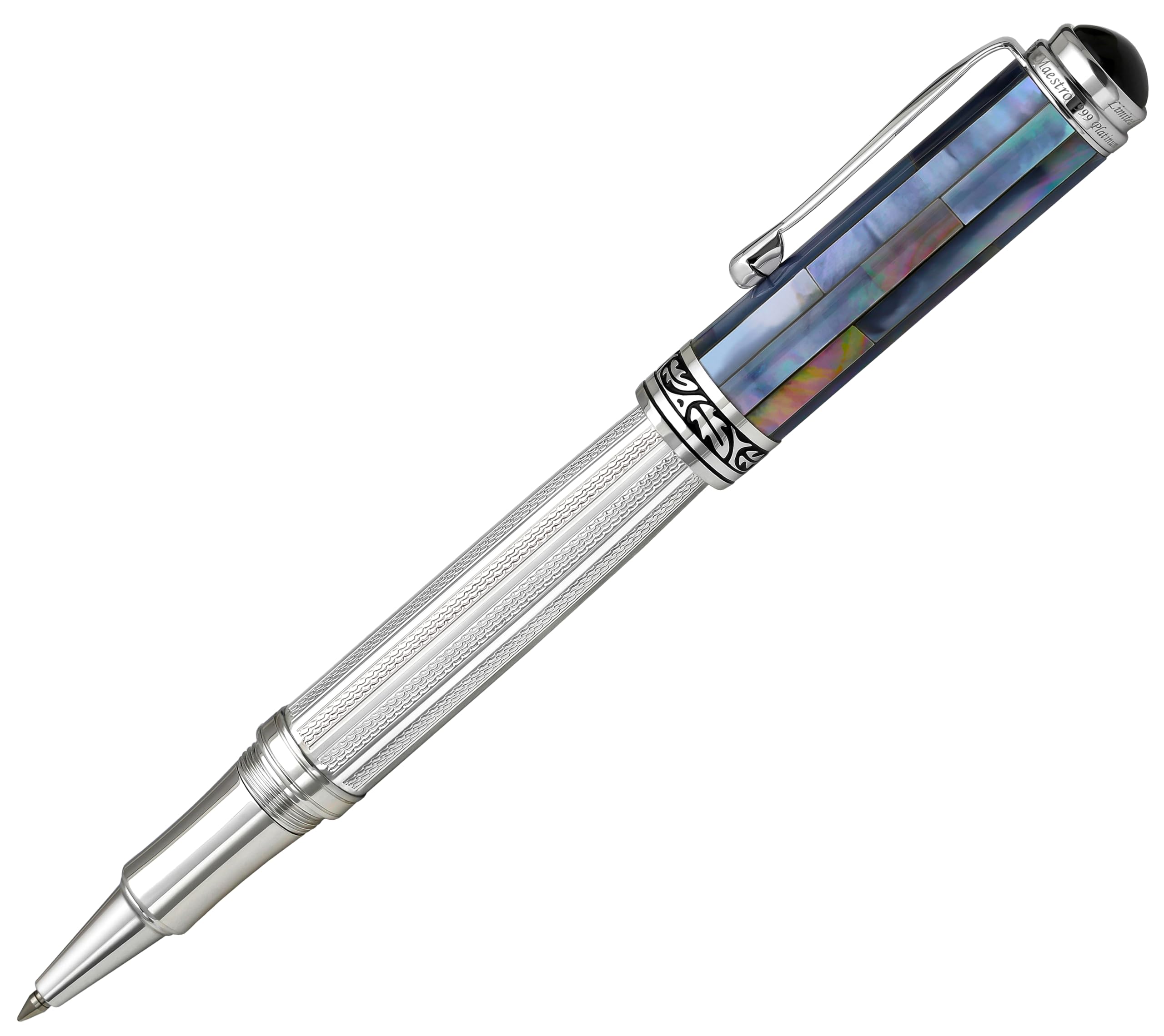 Xezo Maestro Rollerball Pen, Fine Point. Solid 925 Sterling Silver with Black Mother of Pearl. Platinum Plated Parts. Handcrafted, Limited Edition, Serialized