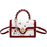 Cherry Leather Tote Bag – Cute Y2K Shoulder Purse for Women, Red Designer Handbag with Top Handle, Fruit Print Clutch Satchel