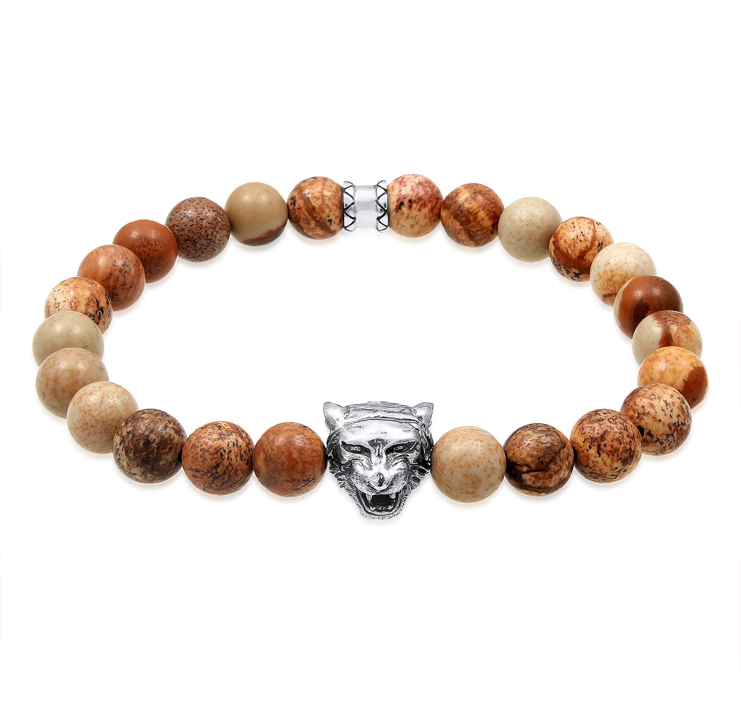 Kuzzoi Buddha Men's Bracelet with Brown Agate Gemstone Beads and 925 Sterling Silver Tiger Head Pendant, Elastic, Yoga Bracelet, Energy Bracelet 0201490719 brown