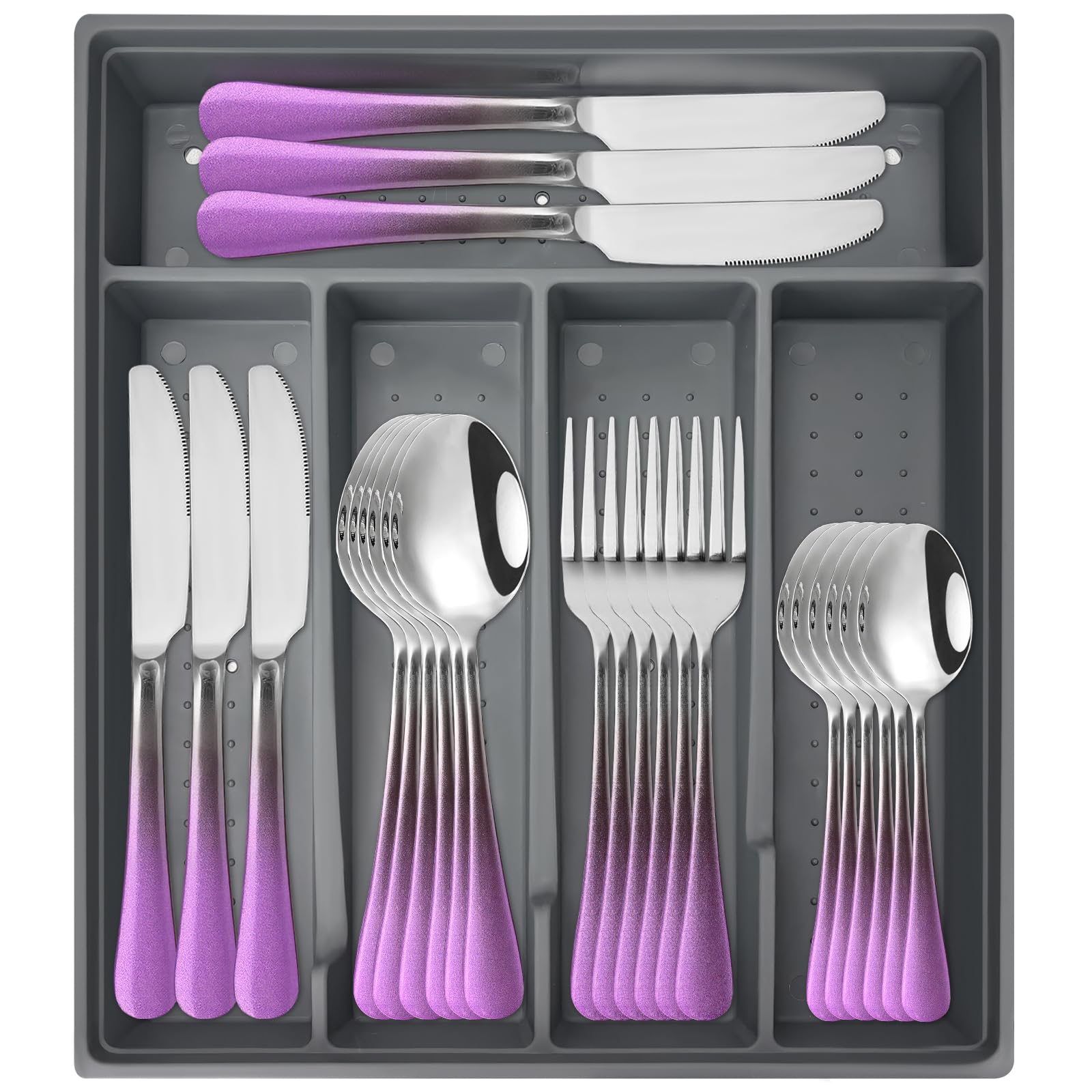 Photo 1 of 24-Piece Flatware Set with Organizer,Gradient Pink Gold Silverware Set for Family Dining Room,Cutlery Utensil Sets with Antiskid Handle, Mirror Polished (Purple Silver)