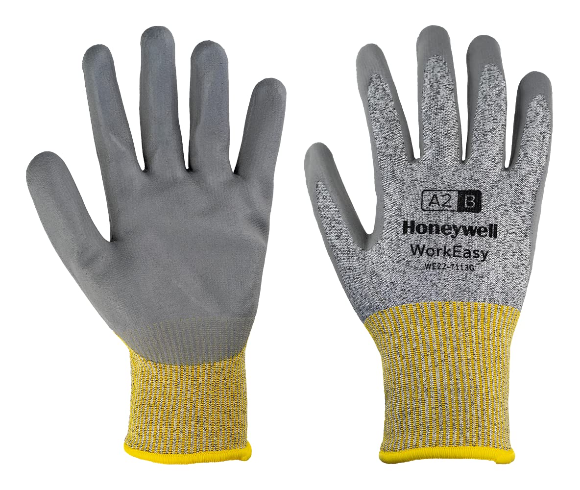 Honeywell WorkEasy Cut Protective Gloves WE22-7113G, Cut Level A2/B, Yellow/Grey Colour, Lightweight, Glass Fiber Knit, Medium Grey Polyurethane Coating, Size 6/XS (Pack of 10 Pairs)