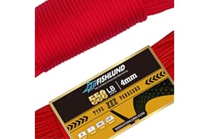 FISHLUND Paracord 550 lb, 7 Strand Paracord Rope 50ft 4mm, Nylon Parachute Cord for Camping, Imperial Red