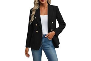 Women's Tweed Blazer Double Breasted Business Casual Jackets Slim Fit Long Sleeve Open Front Work Suits with Pockets