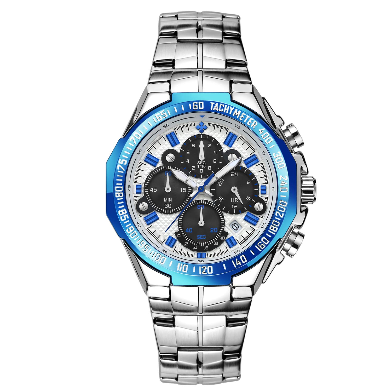 RORIOS Men's Quartz Analogue Watch Luminous Chronograph Watches with Calendar Stainless Steel Strap Dial Classic Men's Watch, Blue White, Bracelet, Blue/White, Bracelet