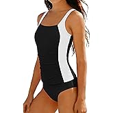 HOTOME Girls Tankini Swimsuit Two Piece Solid Color Blocking Ruched Slimming Bathing Suit for Teen Girls' Swimwear 9-18Y
