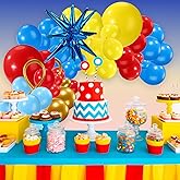 110pcs Blue Yellow Red Balloon Arch Kit, Various Color & Size Birthday Balloons Garland with Ribbon Spot Glue Cartoon Theme Birthday Decorations for Party Supplies