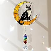 MALFIRST Tuxedo Cat Suncatcher – Black and White Cats Decor Hanging on Moon with Crystal Prism – Tuxedo Cat Gifts for Women, Home or Garden Gift Idea
