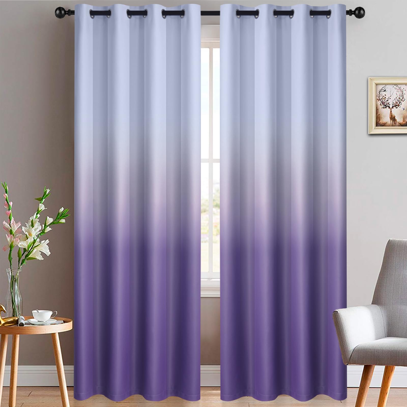 Yakamok 84 Inch Long Ombre Curtains,Thermal Insulated Greyish White to Lavender Purple Color Curtains,Room Darkening Grommet Window Drapes for Living Room/Bedroom(2 Panels,52W x 84L) Image