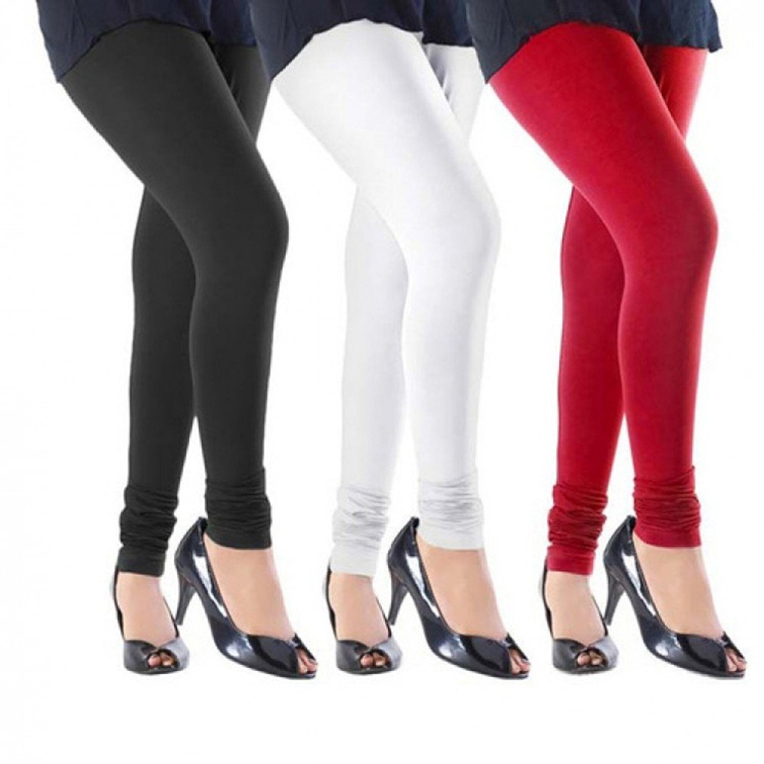 isabella women's cotton lycra leggings(white, red and black, free size) - pack of 3