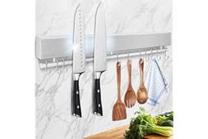 17 Inch Magnetic Knife Holder for Wall - Stainless Steel Magnet Knife Strip No Drill with 10 Hooks/Adhesive Tape/Screws, Kitc