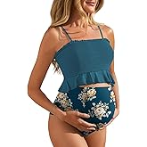 Summer Mae Maternity High Waist Swimsuit Ruffle Hem Bikini Bathing Suit Shirred Bandeau Two Piece Pregnancy Swimwear