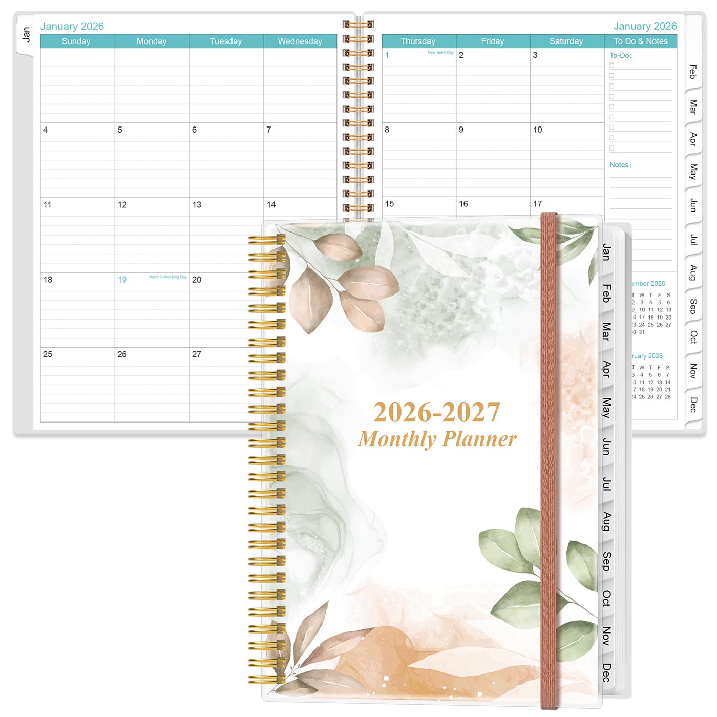 2024-2025 Monthly Planner - 18 Monthly Calendar, July 2024 - December 2025, Two Pages Per Month, 9" x11" Planner with Tabs, Strong Twin-Wire Binding, Inner Pocket, Rose Leaf — image 1