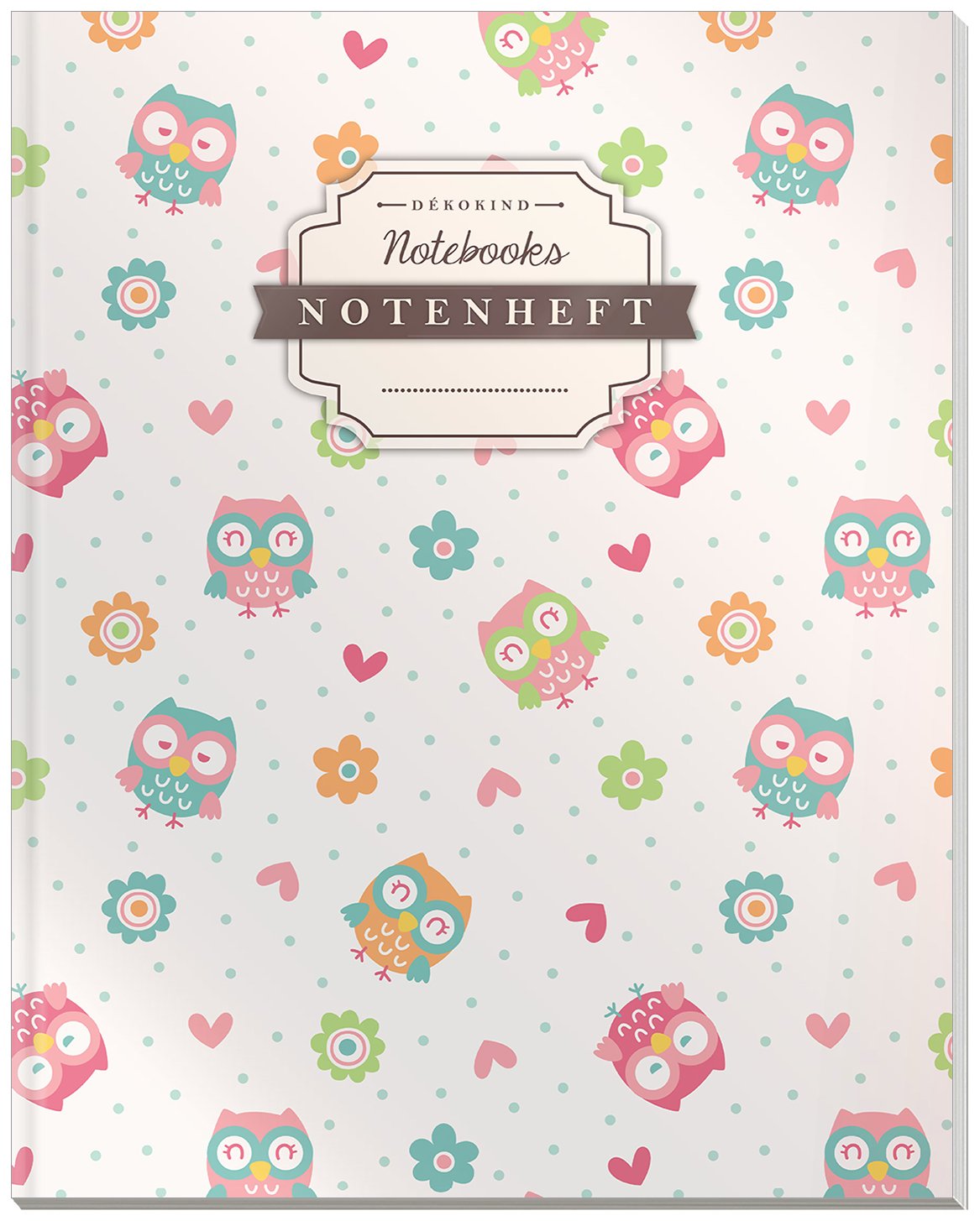 DÉKOKIND Notenheft | DIN A4, 64 Seiten, 12 Notensysteme pro Seite, Inhaltsverzeichnis, Vintage Softcover | Dickes Notenbuch | Motiv: Lustige Eulen