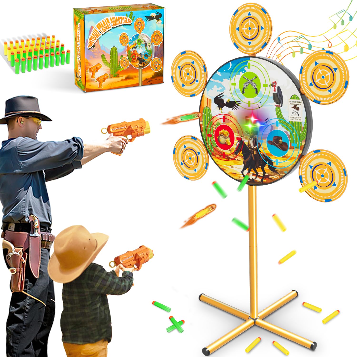 QCTOYS Shooting Toys for Boys Shooting Game for Nerf Guns with 105 CM Light Sound Effect Targets 2 Pistols 40 Foam Darts Halloween Boys Age 3-12 Cowboys — image 1