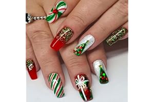 TULOBI Christmas Press on Nails Medium Coffin Fake Nails with Christmas Tree Designs Glitter Glue on Nails Xmas Design Green and Red Stripes Full Cover False Nails Artificial Acrylic Nails 24pcs