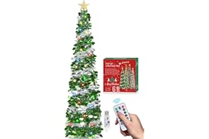HMASYO 6 FT Pop Up Tinsel Christmas Tree with 100 Colored Timer Lights & Remote, Green Silver Collapsible Artificial Pencil Tree Xmas Decoration for Home, Office, Party, USB Powered, Easy Assembly