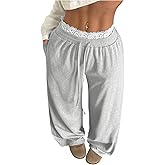 SweatyRocks Women's Plus Size Wide Leg Sweatpants Baggy Elastic Waist Eyelet Lace Trim Sweat Pants with Pocket Trousers