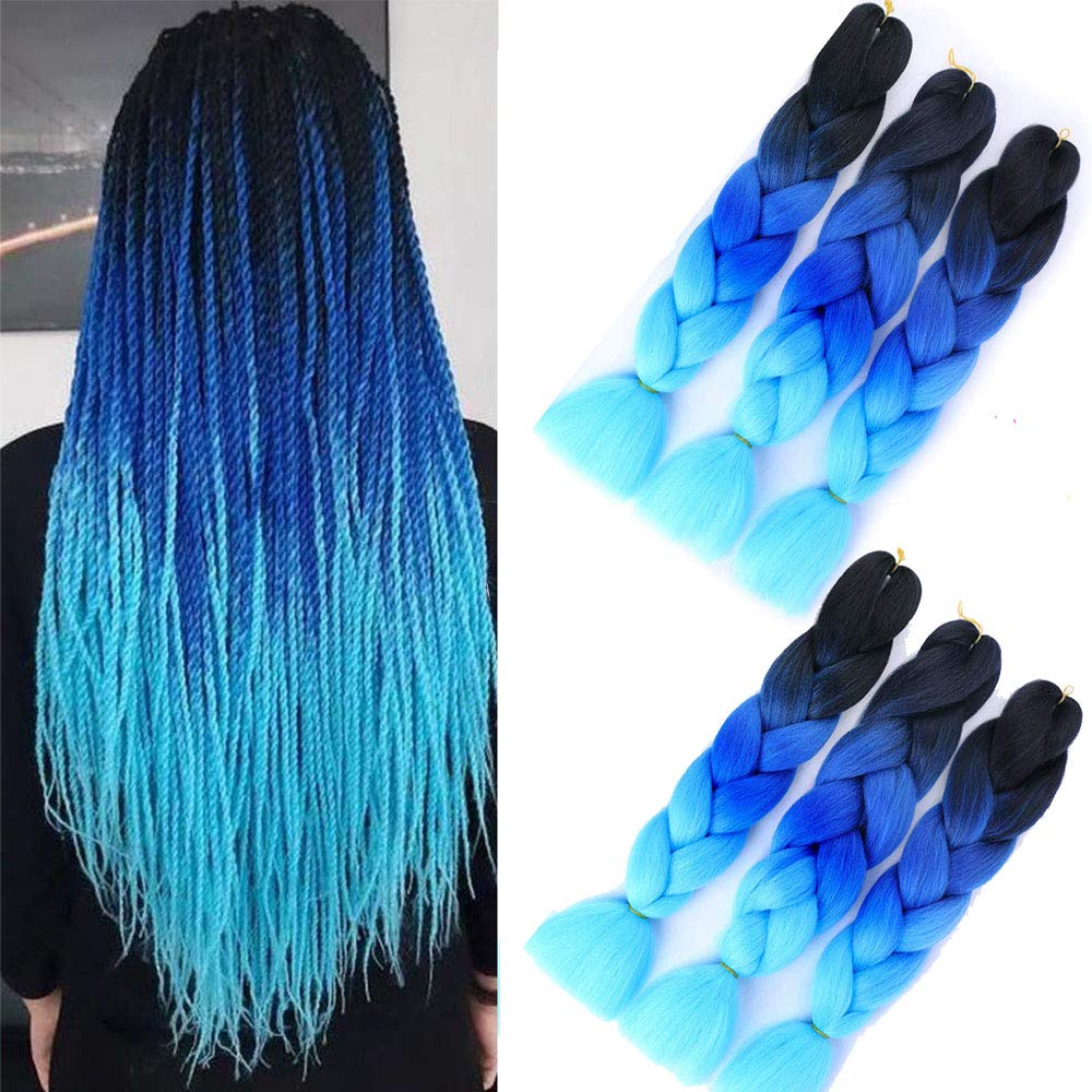 Blue Braiding Hair Extensions 6 Packs 24 Inch Ombre Jumbo braid hair High Temperature Synthetic Hair extension for Braiding For Women Girls Festivals, Cosplay (Black- Dark blue- Light blue) โ image 1