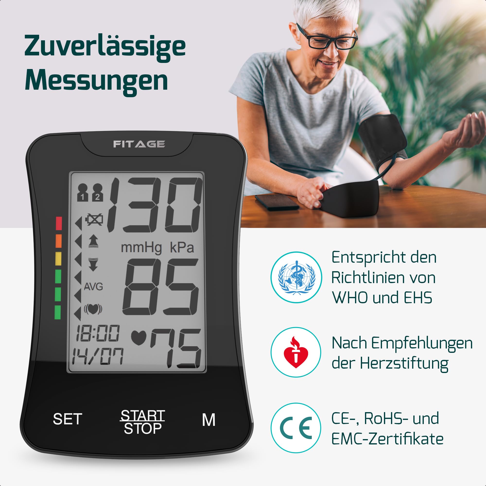FITAGE Blutdruckmessgerät Oberarm Digital Blutdruck-Messgerät und Pulsmesser mit Speicherfunktion Manschettensitzkontrolle für Oberarmumfänge von 22-42 cm, Arrhythmie-Erkennung Blood Pressure Monitor 2