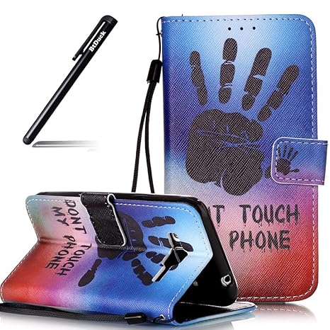 BtDuck PU Leder Tasche Flip Case Schwarz Handabdrücke Muster Brieftasche Magnet Strap Schutzhülle Kompatibel mit Samsung Gala