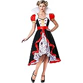 Women's Flirty Queen of Hearts Costume, Corset, Shrug Jacket, and Skirt Adult Outfit for Halloween Costume and Roleplay