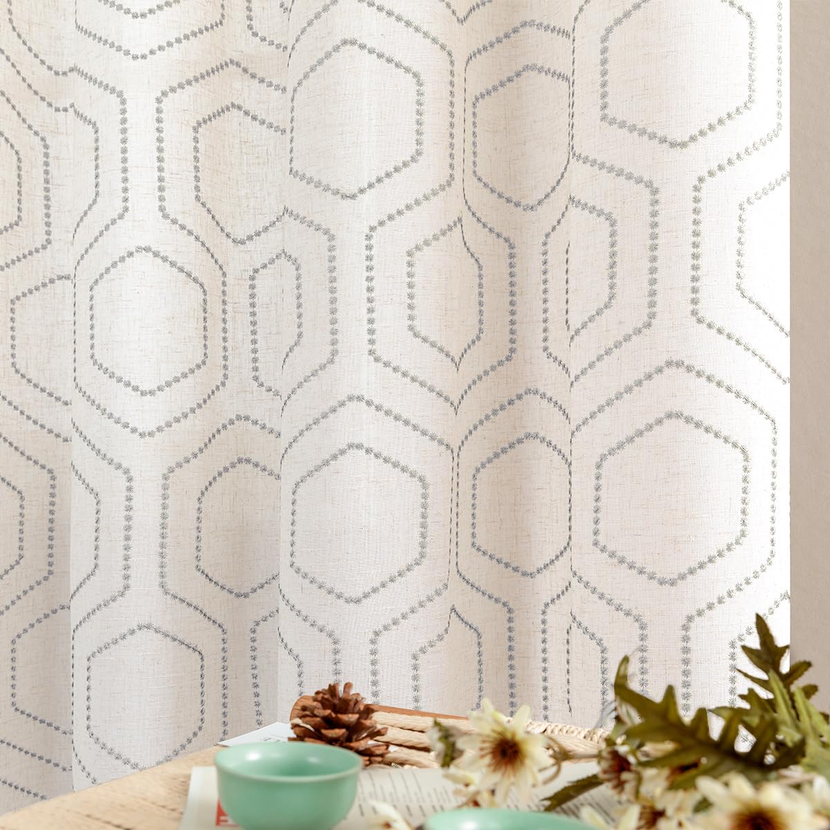 jinchan Grey Boho Window Curtains 63 Inch Length Linen Textured Light ...