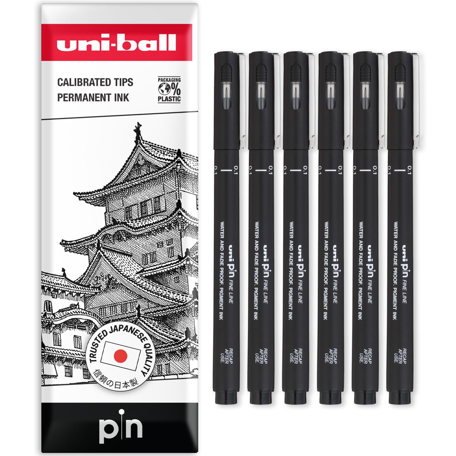 uni-ball PIN Fineliners | Fine Tipped Writing Pens | Water & Fade Resistant Ink | Ideal for Sketching, Scrapbooking, Outlining, Art, Technical Drawing | In Envelope Gift Packaging (Pack of 6, 0.1mm)