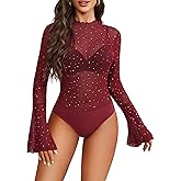 Avidlove Women Long Sleeve Bodysuit Rhinestone Bodysuit Mesh Bodysuit Tops Sexy Party Outfits