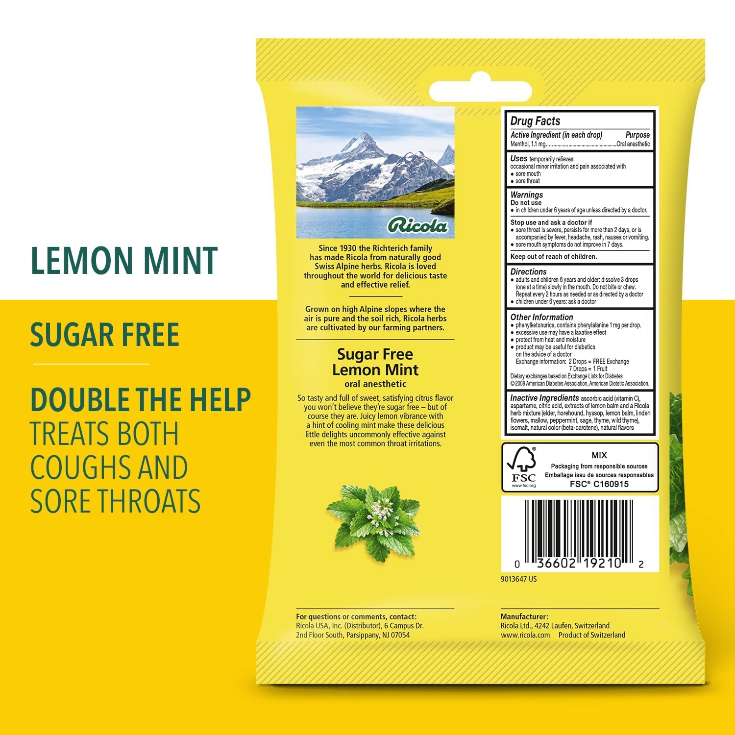 Ricola Sugar Free Herb Throat Drops Lemon Mint 19 Each (Pack of 10)