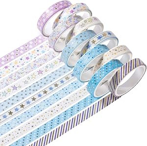 YUBBAEX 10 Rolls Sparkling Washi Tape Set 8mm Skinny Gold Foil Decorative Masking Washi Tapes for Bullet Journal,Scrapbook, Planner, DIY Crafts (Glittering Stars)