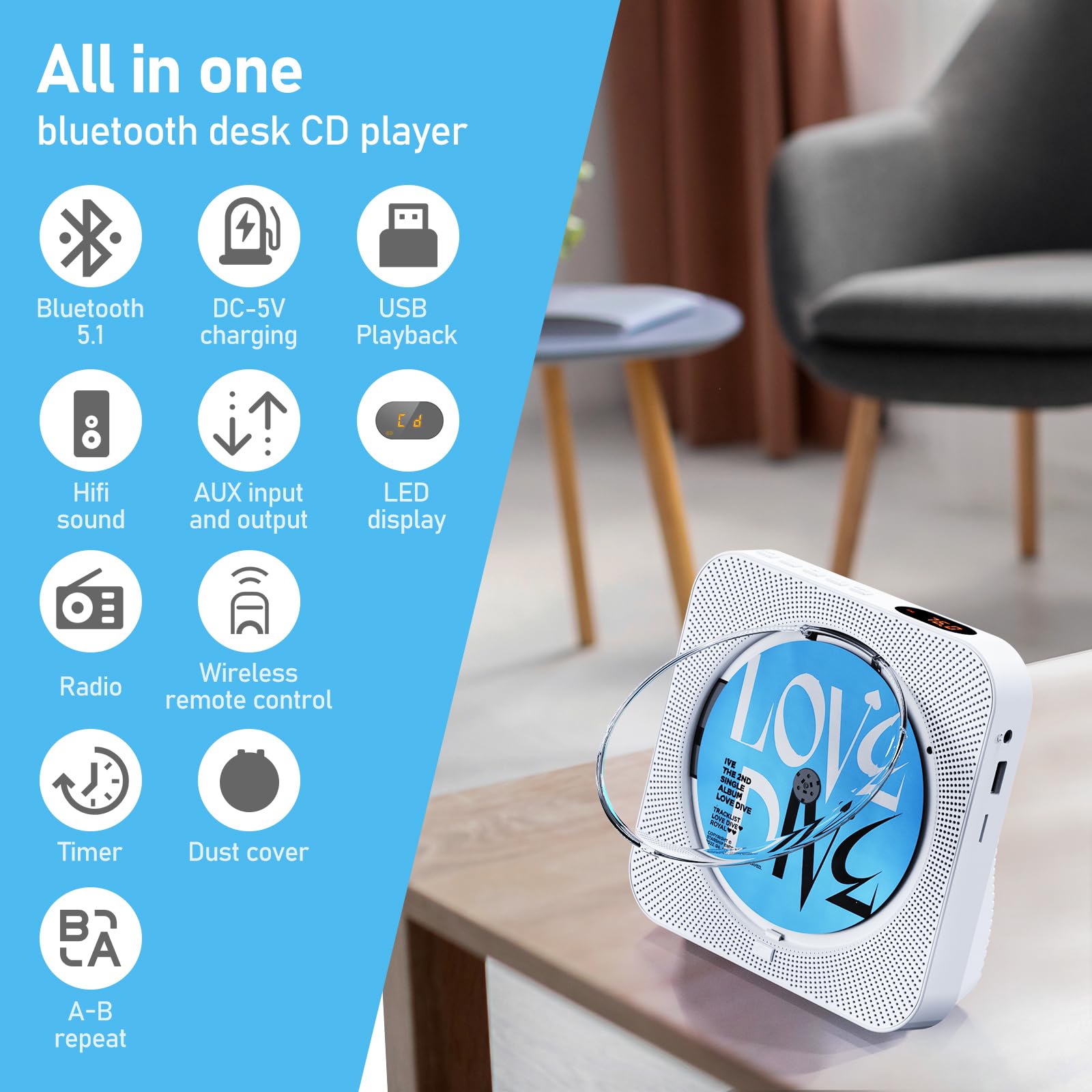 MICOCIOUS CD Player with Speakers Bluetooth Desktop CD Players for Home Kpop Music CD Player with LED Screen FM Radio Remote Control Timer Support AUX USB TF Card Playback