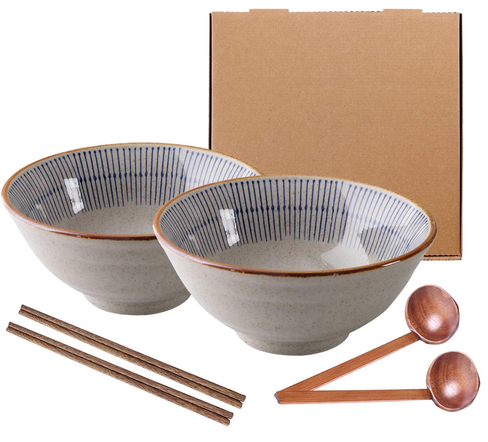 Eudazl Ceramic Ramen Bowl, Creative Gift Retro Ramen Bowls with Chopsticks and Spoons, for Microwave Safe, for Fruit Salad, Vegetables, Noodle - 1100 ml (Khaki, 2)