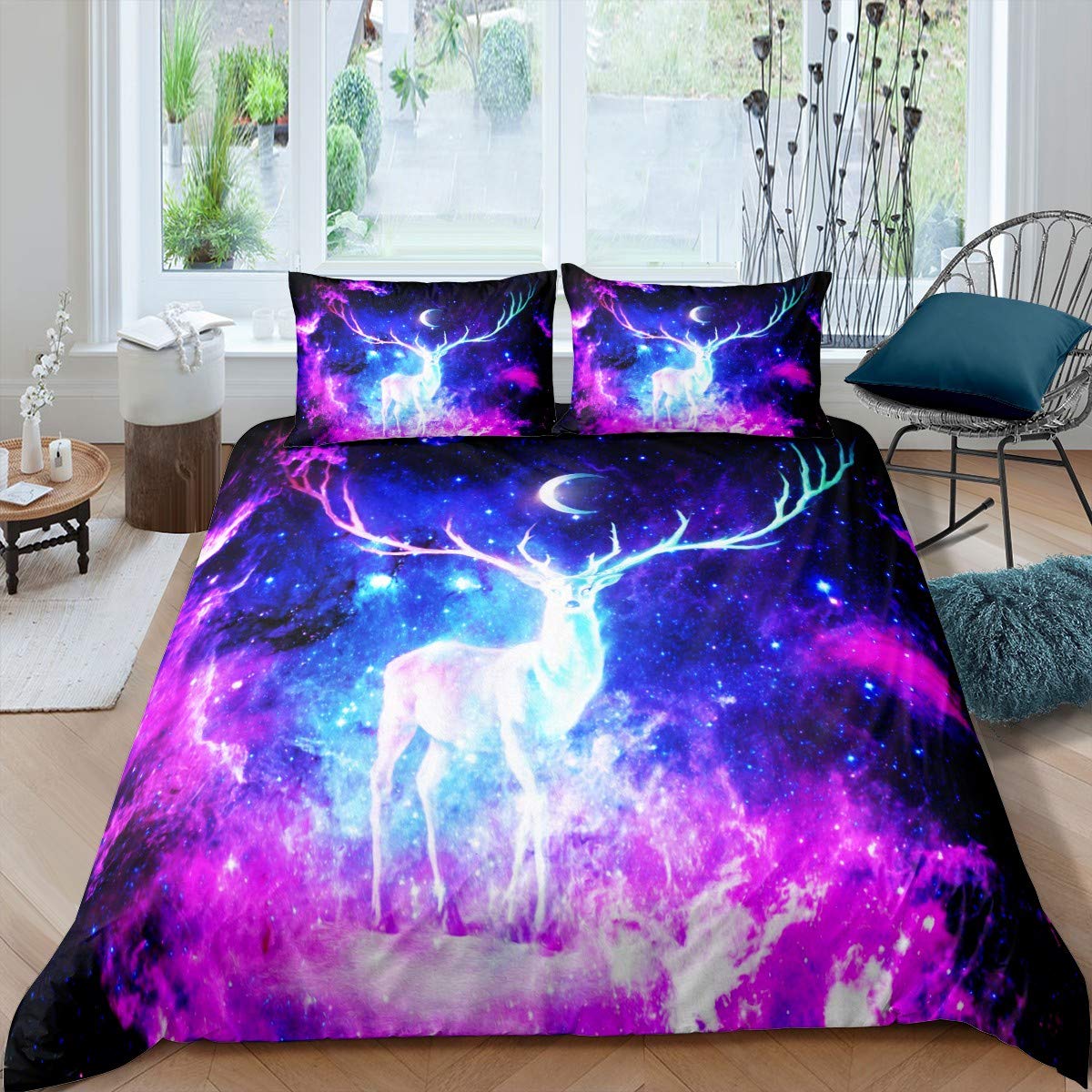 Galaxy Deer Comforter Cover Set Universe Galax Nebulay Bedding Set Outer Space Starry Sky Duvet Cover Set Astronomy Quilt Cover for Kids Adults with 2 Pillowcase 3Pcs Bedding Double,Blue,Purple