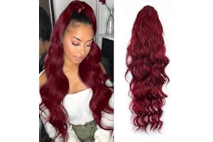 KETHBE 24 Inch Long Body Wave Ponytail hair Extension Synthetic Heat Resistant Wrap Around Drawstring Curly Wavy Ponytail Hairpieces for Women(Red)