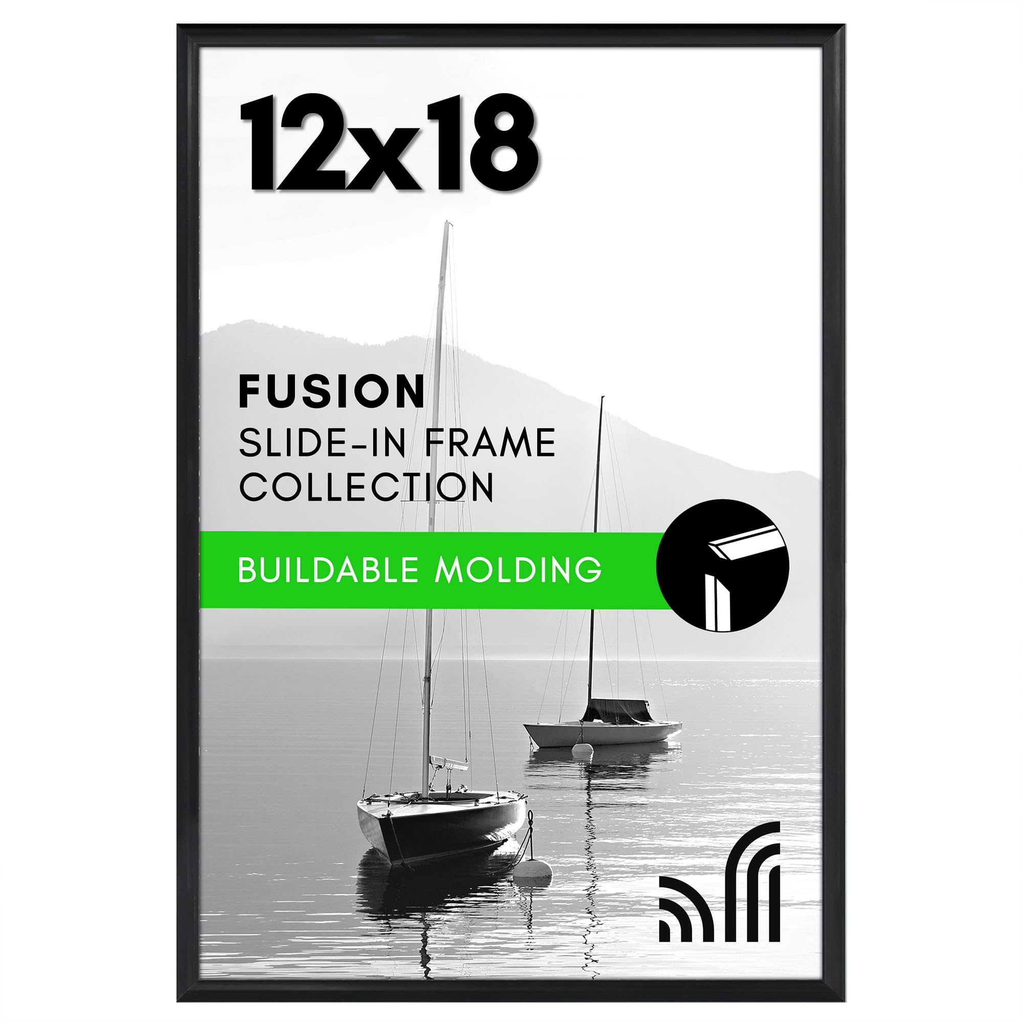 Americanflat 12x18 Poster Frame with Polished Front Cover - Slide-In Photo Frame with Buildable Molding - Fusion Collection - Picture Frames for Wall Display - Black