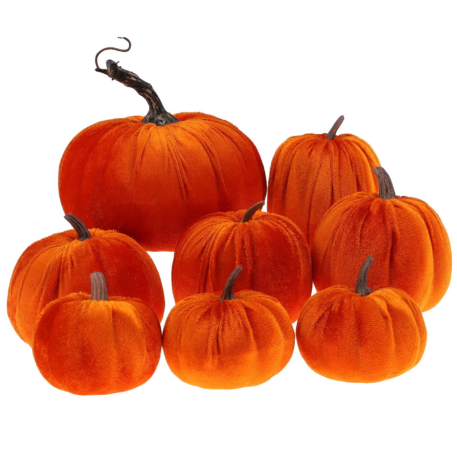 Gresorth 8pcs Assorted Size Fake Handmade Orange Velvet Pumpkins Artificial Fall Harvest Halloween Decoration for Home Kitchen Farmhouse Thanksgiving Wedding Festival