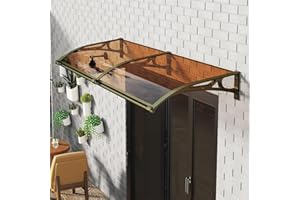 Nollapo Metal Window Door Awning Canopy UPF 50+, Dark Brown with Aluminum Bracket Polycarbonate Board 40 Inch x 40 Inch for Outside (Brown Canopy + Champagne Metal Bracket, 40 Inch x 80 Inch)