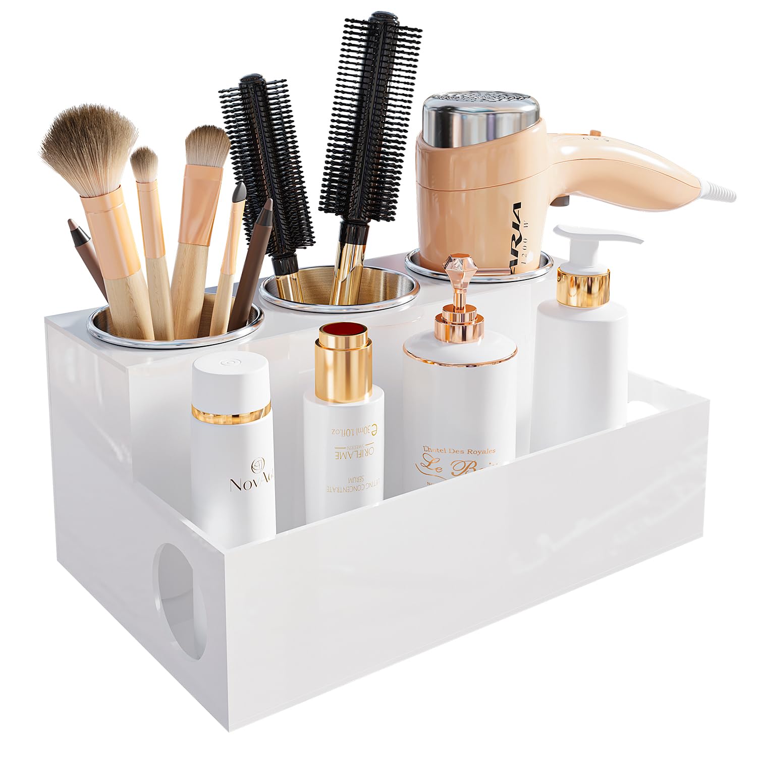 Photo 1 of PITBVO White Hair Tool Organizer Acrylic Hair Dryer and Styling Holder, Bathroom Countertop Blow Dryer Holder, Vanity Caddy Storage Stand for Accessories, Makeup, Toiletries