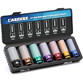 CaeeKee 7PCS 1/2" Drive Deep Lug Nut Impact Socket Set, Non-Marring Thin Wall Wheel Protector Socket，CR-MO, 6 Point, Metric 17, 19, 21, 22, 23, 24, 27, Color Coded