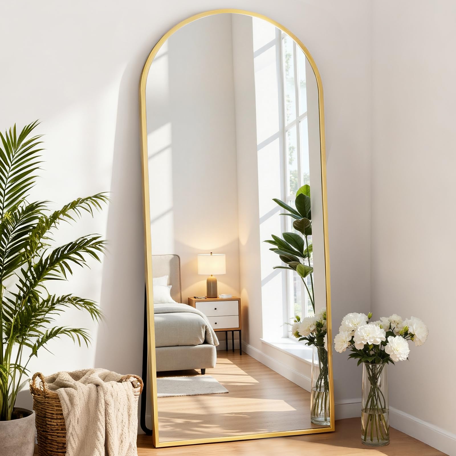 Sweetcrispy 64.3"x21" Arched Full Length Mirror, Standing or Leaning Full Body Mirror with Aluminum Alloy Thin Frame, Suitable for Bedroom or Cloakroom,Gold Image