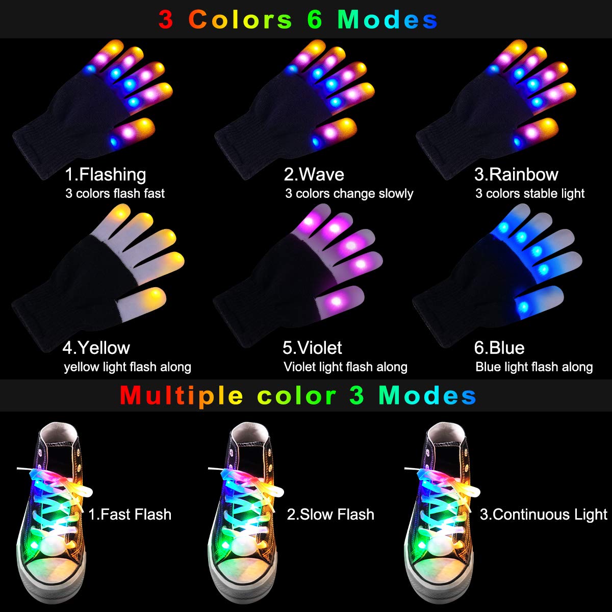 Aywewii LED Gloves for Kids Flashing Finger Light Up Gloves LED Shoelaces Set, LED Warm Gloves Kids Toys (Black)